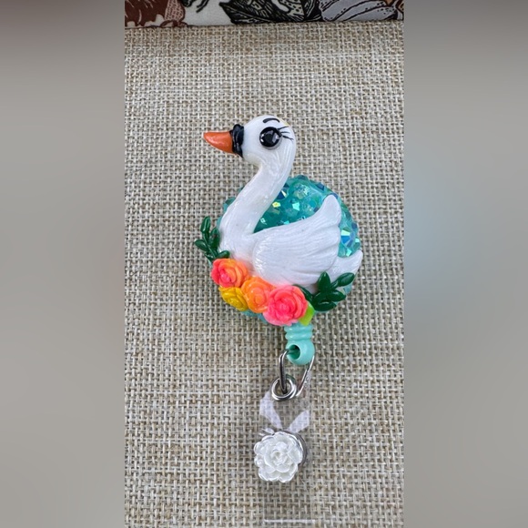 Handmade Accessories - White Swan Floral Retractable Badge Reel in Teal and Coral